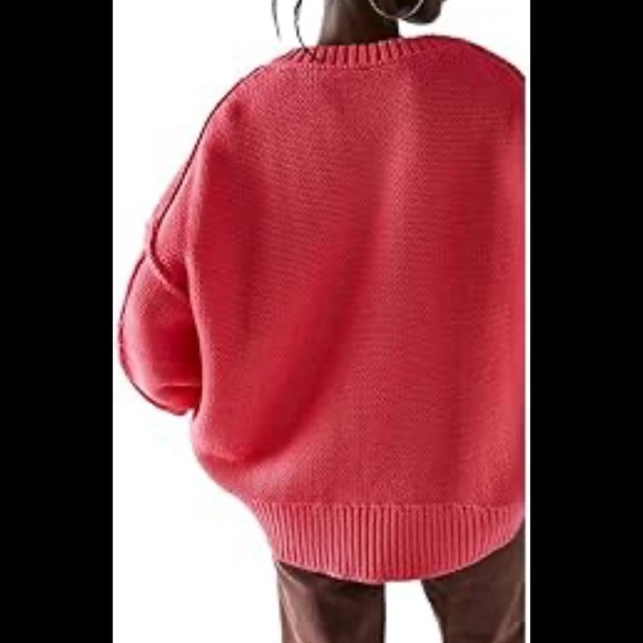 NWT FREE PEOPLE alli V neck chunky oversized sweater strawberry spritz size L - Picture 3 of 11